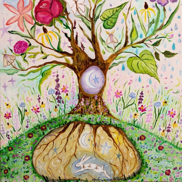 Tree of Life Whimsy Art Print flowers rabbit sun moon colorful whimsical fantasy - Picture 9 of 9